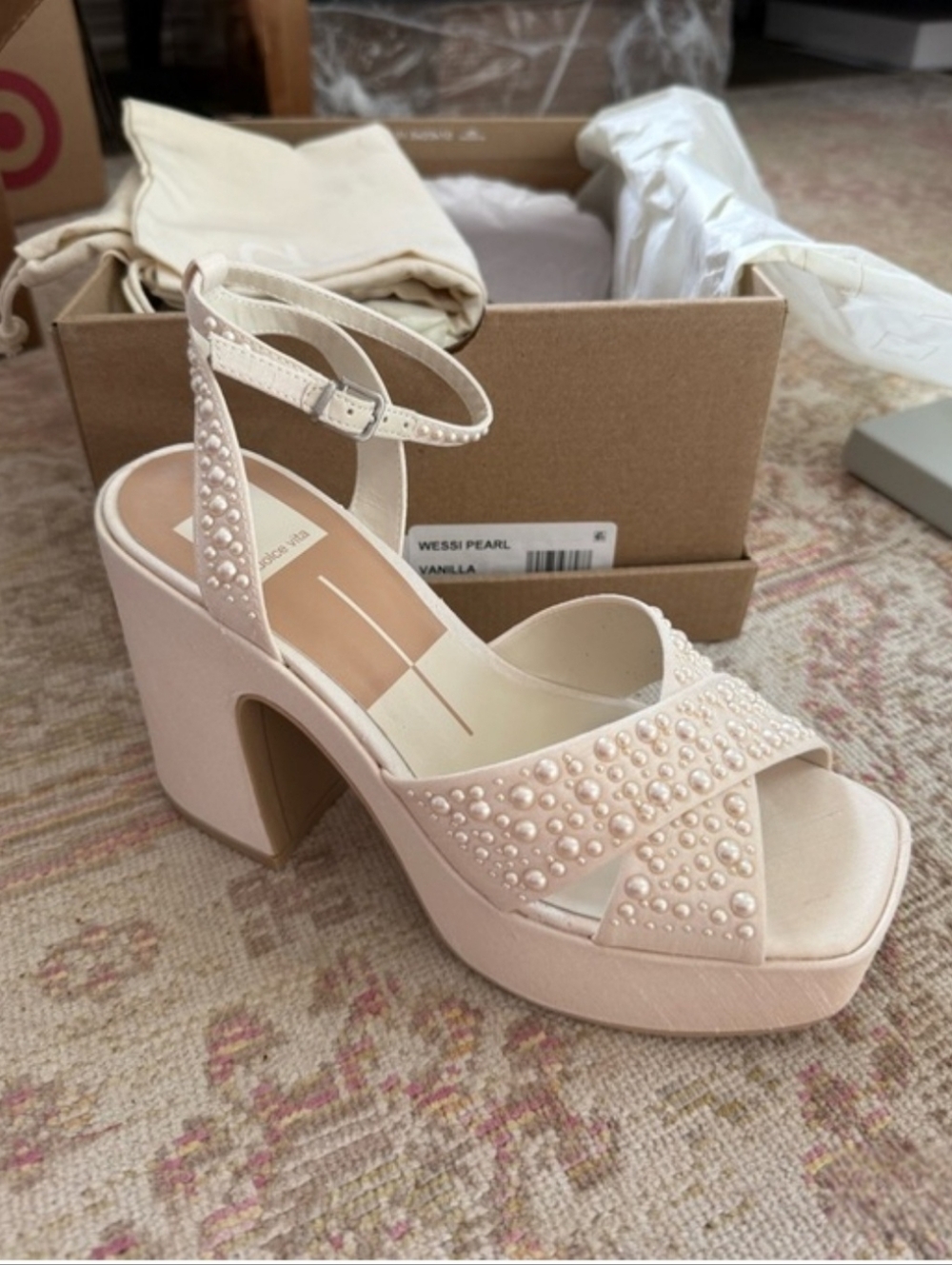 Pearl Embellished White Platform Sandals with Ankle Strap